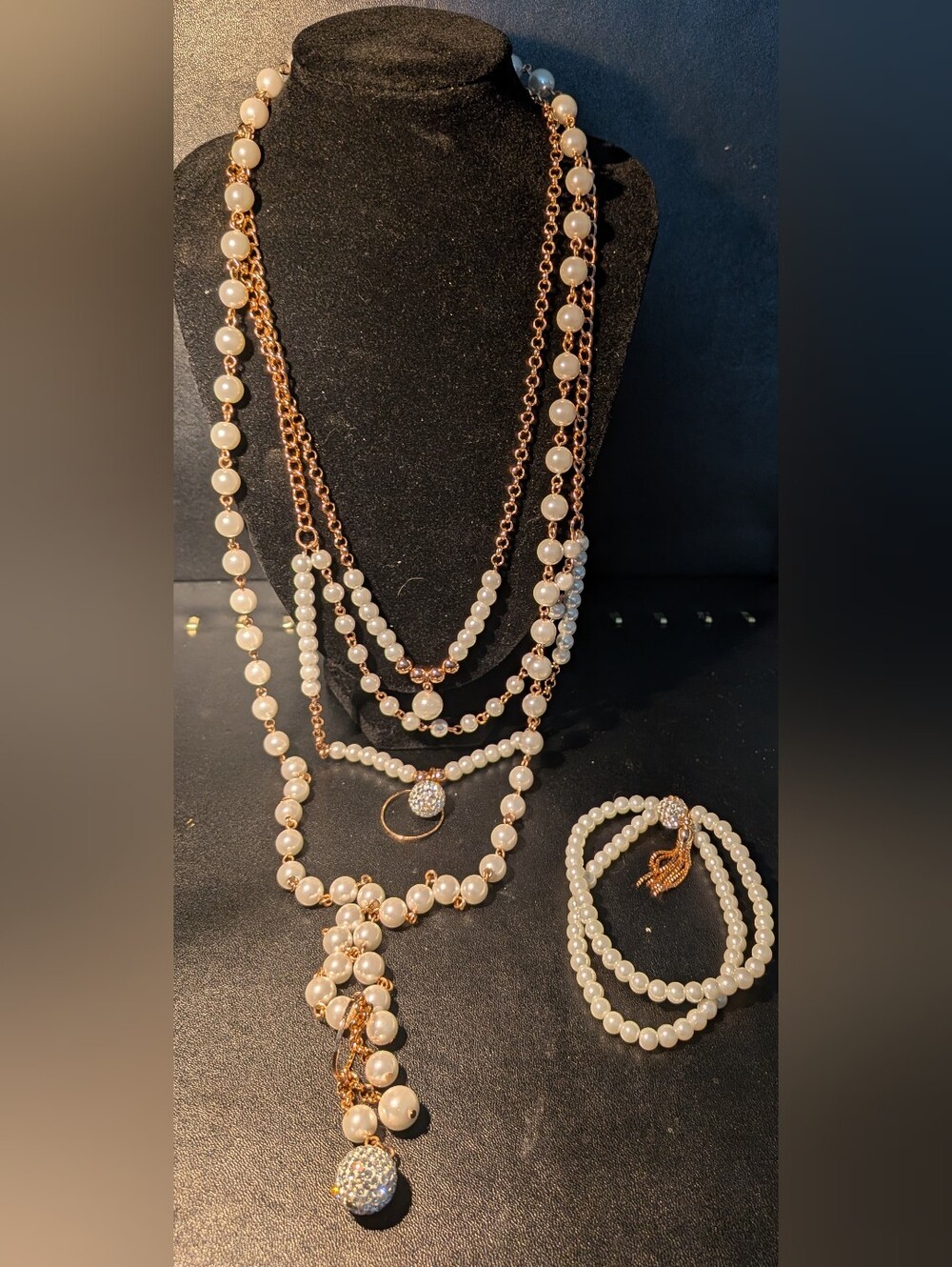 Layered Pearl and Gold-Tone Multi-Strand Necklace Set 18 Inch Cascade Of Pearls